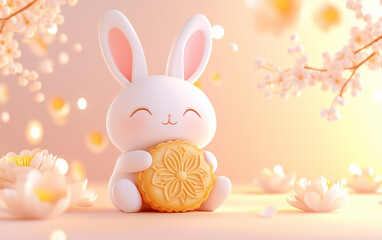 Cute Cartoon Rabbit Holding Mooncake for Mid-Autumn Festival Celebration with Flowers.