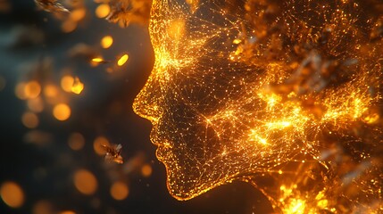 Digital rendering of a human face, composed of glowing data points