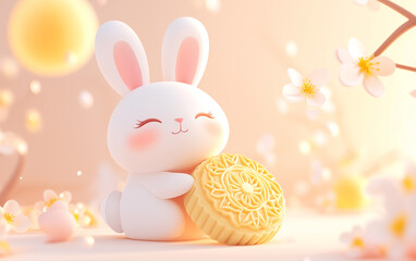 Cute Cartoon Rabbit with Mooncake for Mid-Autumn Festival Celebration, Blossom Background