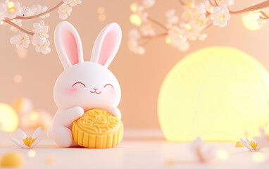 Cute Rabbit Holding Mooncake with Flowers and Full Moon for Mid-Autumn Festival