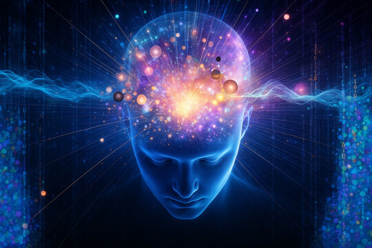 AI generated abstract digital artwork of a blue human head in meditation with a vibrant explosion of light energy and particles from the brain symbolizing thought awakening creativity
