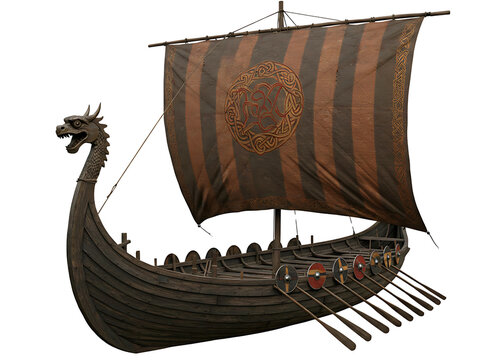 Viking longship with blue sail isolated on transparent background