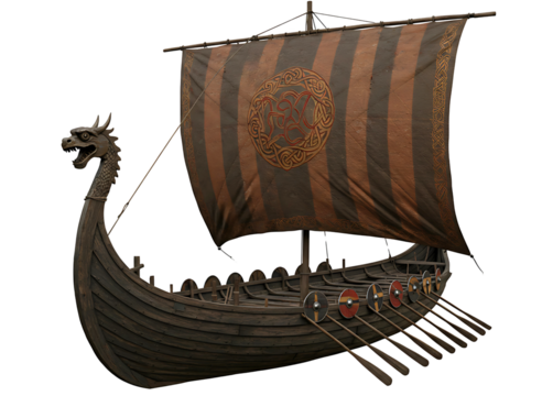 Viking longship with blue sail isolated on transparent background - Powered by Adobe