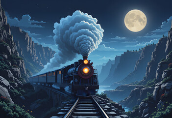 Pixel Art Steam Train: Moonlit Canyon Run