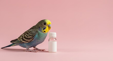 Parakeet beside small bottle
