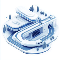 Abstract 3D rendering of a highway station featuring urban architecture with blue and white color scheme on clean white background, transportation infrastructure and technological innovation.
