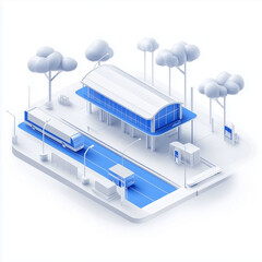 Abstract 3D rendering of a highway station featuring urban architecture with blue and white color scheme on clean white background, transportation infrastructure and technological innovation.