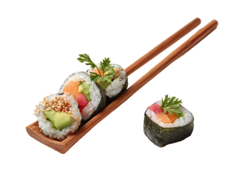 [Transparent Background PNG]Assorted Sushi Rolls on Wooden Plate with Chopsticks - Powered by Adobe