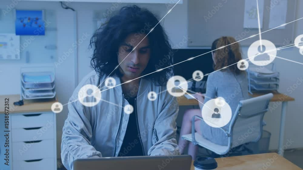 Poster tech office worker typing on laptop activating network icons forming info web showing data flow