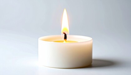 Macro Shot Of A Lit Candle With Glowing Ember And Melting Wax Against A White Background