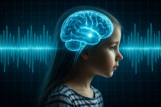 AI generated futuristic concept showing a young girl with a glowing brain and surrounding soundwave energy symbolizing cognitive stimulation focus and neurodevelopment in early childhood