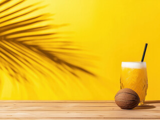 Refreshing tropical drink and coconut on wooden table with palm leaf shadow against a bright yellow background.