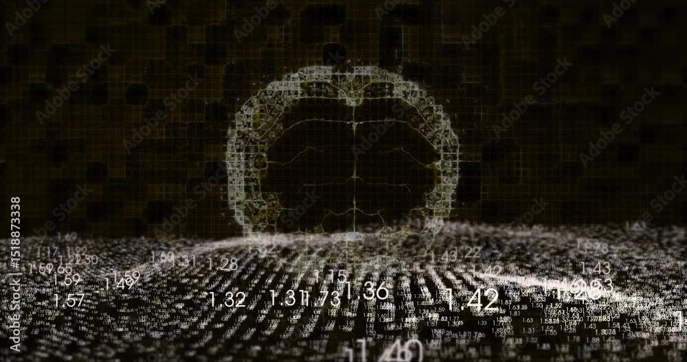 Poster on start numeric plane rippling and shifting, brain outline rising and rotating showing data flow