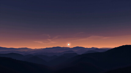 Fototapeta premium Serene sunset over layered mountain silhouettes under a soft purple and orange sky