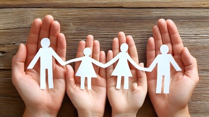 Caring hands raising paper family for support and protection