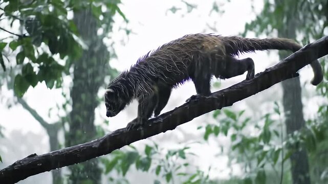 A wet kinkajou navigates a tree branch in a rainsoaked forest environment