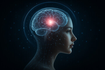 Obraz premium AI generated sci fi artwork of a realistic woman in profile with a glowing brain inside her head connected by digital lines and circuits symbolizing intelligence focus and the power of thought
