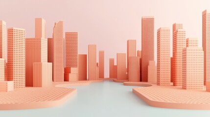 A fantastical dreamlike cityscape of towering abstract structures in shades of pink and red evoking a surreal chocolate like aesthetic