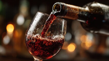 Red wine pouring into a glass, capturing the essence of indulgence and sophistication.