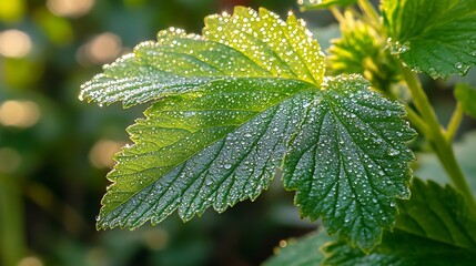 Close-up view of a dew-covered leaf.