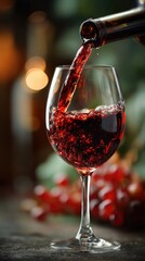 Red wine pouring into a glass, capturing the essence of indulgence and sophistication.
