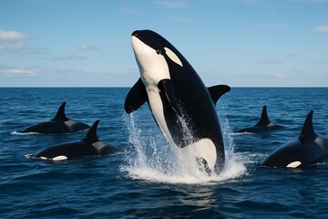 Majestic Orca Breaching Amidst Pod in Open Ocean