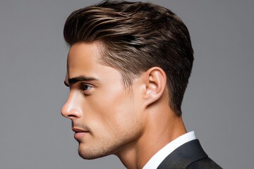 Close-up profile view of a man with styled hair.