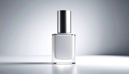 White Nail Polish Bottle With Silver Cap On Gradient Gray Background Reflective Surface Studio Shot