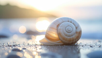 Close-Up Of Wet Snail Shell Glistening On Beach With Soft Evening Light