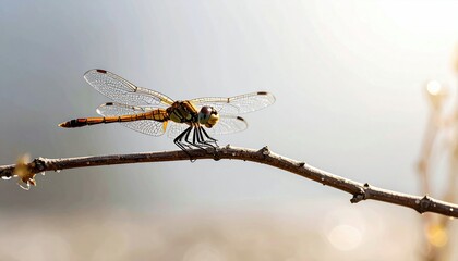 Detailed Close Up Dragonfly Resting On A Water Droplet Covered Twig With Shimmering Wings Against A Blurred Background