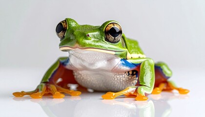 Detailed Macro Of A Tree Frog Showing Webbed Toes And Vibrant Greens On White Background