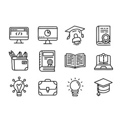 A vector silhouette individually image of a black line art education icons set