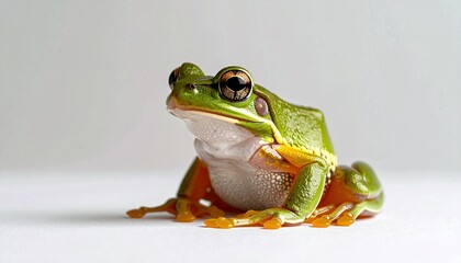Detailed Macro Shot Of A Green Tree Frog On White Surface