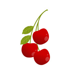 Illustration of red cherries. Illustration of red cherries with green leaves and twig. Flat design Red cherry fruit illustration with branches