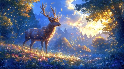 Majestic deer in a sunlit forest glade filled with flowers and glowing insects