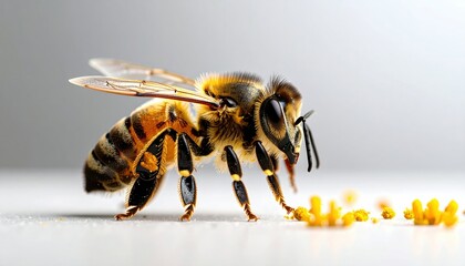 Extreme Close-Up Of A Honeybee Collecting Pollen From A Yellow Flower Showcasing Intricate Details