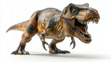 Ferocious T-Rex figurine with detailed scales and teeth, isolated on white, conveying primal power and prehistoric terror.