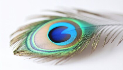 Macro Close Up Of A Peacock Feather Displaying Detailed Iridescent Colors On White Background