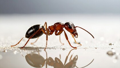 Macro Photograph Of An Ant Carrying A Water Droplet On A Wet Surface With Detailed Reflection