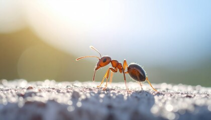 Macro Photograph Of Ant Carrying Water Droplet Against Blurred Natural Background