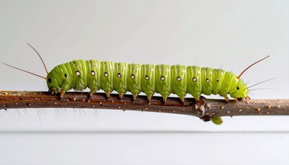 Macro Shot Of Green Caterpillar Inch Along Twig Against White Background Showing Segmented Body Details