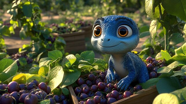 A cheerful, blue, lizard-like creature sits amongst a bounty of purple berries in a garden setting