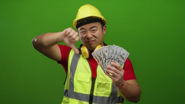 Asian man in construction gear holding american dollars, expressing disdain with thumbs down, isolated on green background.