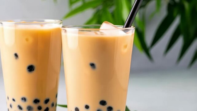 Two glasses of iced bubble milk tea with tapioca pearls on light gray table, refreshing summer drink.