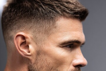 Obraz premium Close-up profile view of a man's head and neck.