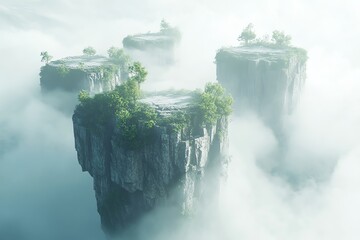 Serene Floating Islands: Misty Peaks, Verdant Groves, Ethereal Landscape