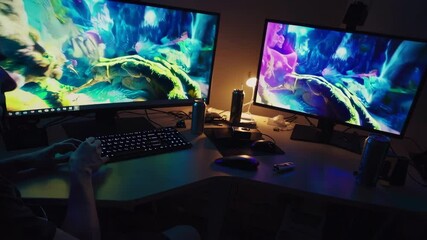 Gamer playing videogame on dual monitor setup - Powered by Adobe