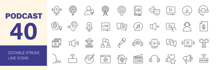 Podcast icon set. Containing microphone, radio, webcast, audio, video, news, broadcasting, sound, studio, podcaster, audiobook and more. Editable line icons. Vector illustration.