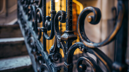 Stairway railing, close-up view of metal handrail on staircase. 