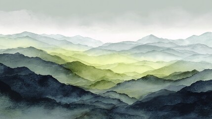 Abstract watercolor landscape with soft green and gray mountain layers, AI. High quality